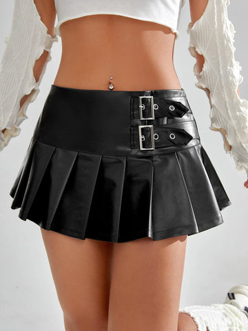 Buckle Detail Pleated Hem PU Leather Skirt