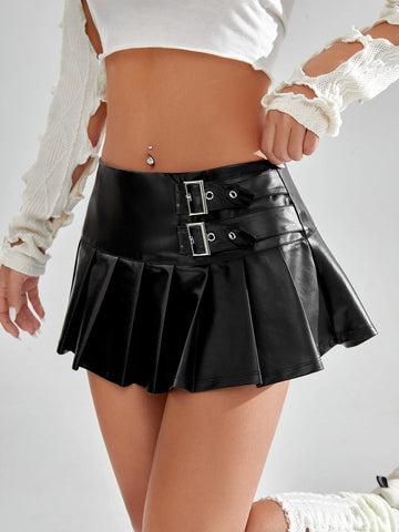 Buckle Detail Pleated Hem PU Leather Skirt
