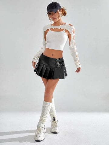 Buckle Detail Pleated Hem PU Leather Skirt