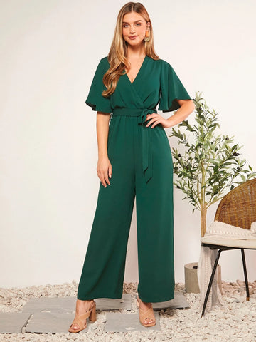 Surplice Neck Butterfly Sleeve Belted Wide Leg Jumpsuit