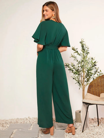 Surplice Neck Butterfly Sleeve Belted Wide Leg Jumpsuit