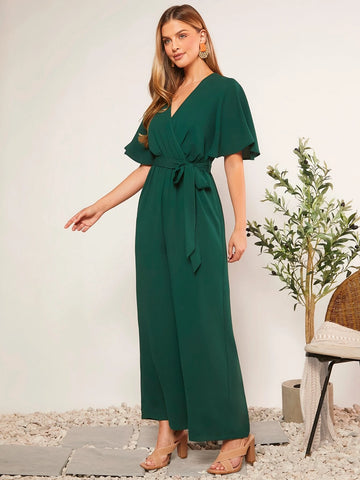 Surplice Neck Butterfly Sleeve Belted Wide Leg Jumpsuit