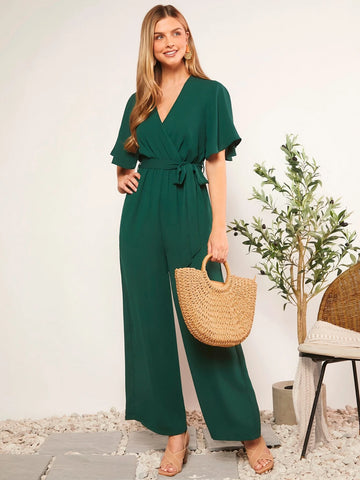 Surplice Neck Butterfly Sleeve Belted Wide Leg Jumpsuit