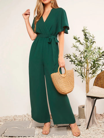 Surplice Neck Butterfly Sleeve Belted Wide Leg Jumpsuit