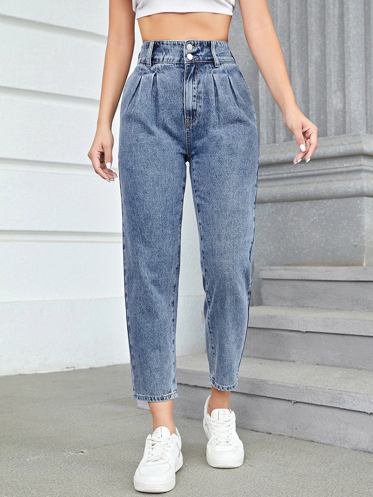 High Waist Fold Pleated Mom Fit Jeans