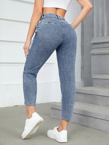 High Waist Fold Pleated Mom Fit Jeans