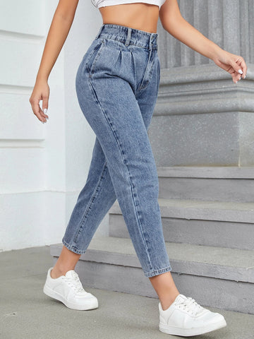 High Waist Fold Pleated Mom Fit Jeans