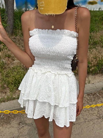 DAZY Shirred Bodice Eyelet Embroidery Two Layer Hem Tube Dress