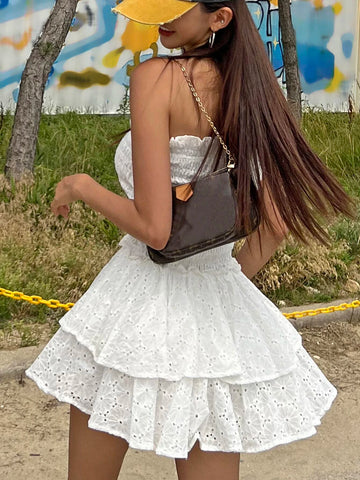 DAZY Shirred Bodice Eyelet Embroidery Two Layer Hem Tube Dress
