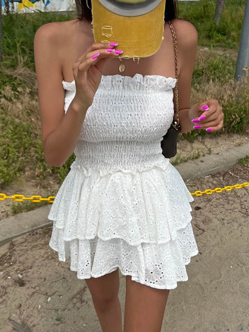 DAZY Shirred Bodice Eyelet Embroidery Two Layer Hem Tube Dress