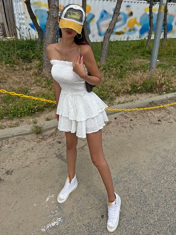 DAZY Shirred Bodice Eyelet Embroidery Two Layer Hem Tube Dress