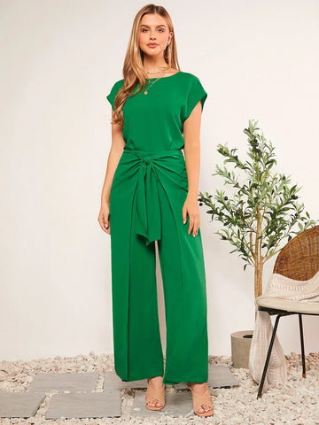Batwing Sleeve Top & Tie Front Wide Leg Pants Set