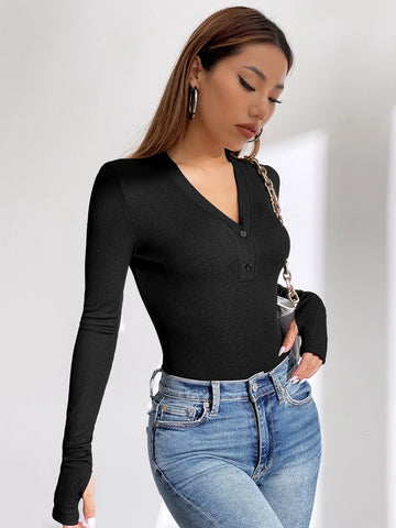 EZwear Rib-knit Thumb Holes Tee Bodysuit