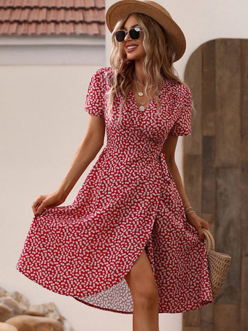 Ditsy Floral Print Knot Side Wrap Dress