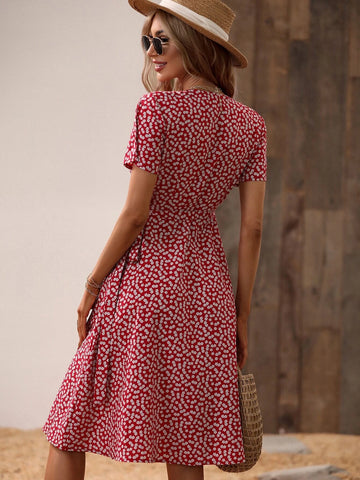 Ditsy Floral Print Knot Side Wrap Dress