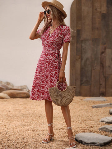 Ditsy Floral Print Knot Side Wrap Dress