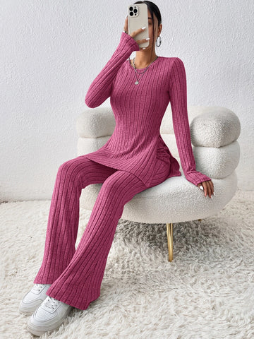 Solid Split Hem Tee & Flare Leg Pants