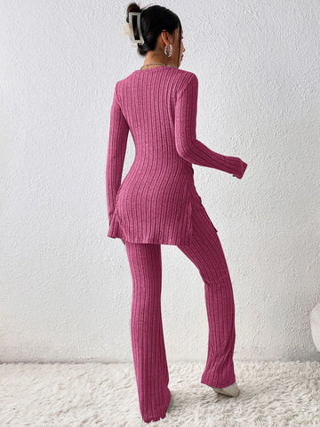 Solid Split Hem Tee & Flare Leg Pants