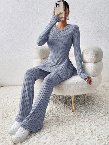 Solid Split Hem Tee & Flare Leg Pants