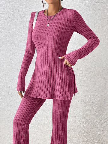 Solid Split Hem Tee & Flare Leg Pants