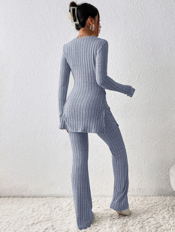 Solid Split Hem Tee & Flare Leg Pants