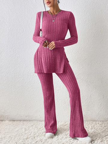 Solid Split Hem Tee & Flare Leg Pants