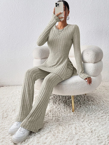 Solid Split Hem Tee & Flare Leg Pants