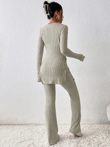 Solid Split Hem Tee & Flare Leg Pants