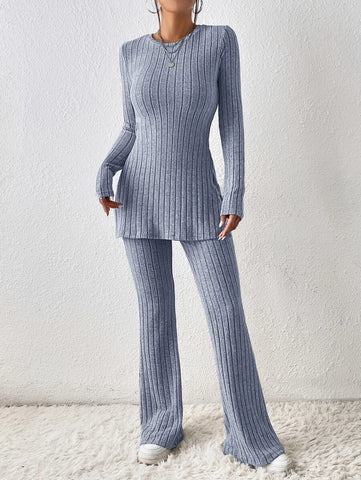 Solid Split Hem Tee & Flare Leg Pants