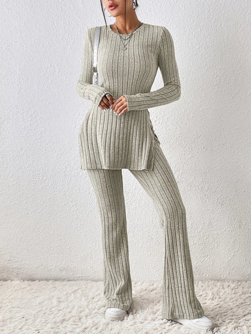 Solid Split Hem Tee & Flare Leg Pants