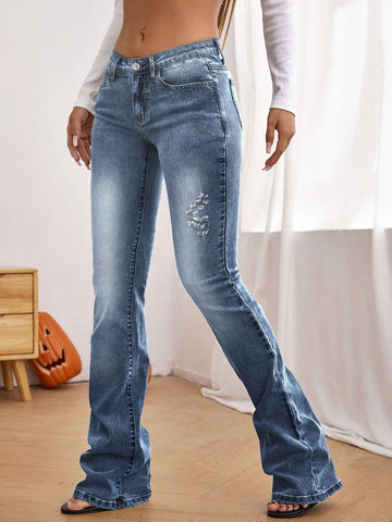 Ripped Frayed Flare Leg Jeans