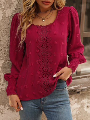 Swiss Dot Guipure Lace Insert Lantern Sleeve Blouse