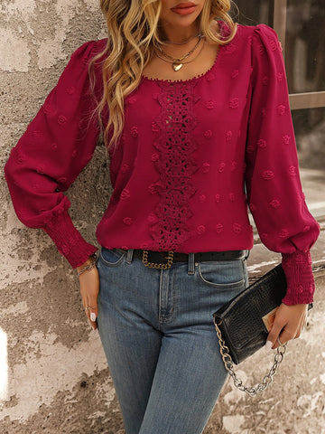 Swiss Dot Guipure Lace Insert Lantern Sleeve Blouse