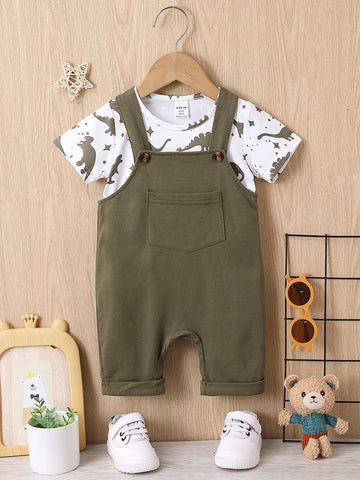 Baby Dinosaur Print Tee & Patched Pocket Overall Romper