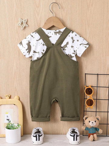 Baby Dinosaur Print Tee & Patched Pocket Overall Romper