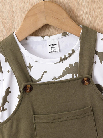 Baby Dinosaur Print Tee & Patched Pocket Overall Romper