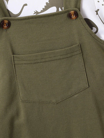 Baby Dinosaur Print Tee & Patched Pocket Overall Romper