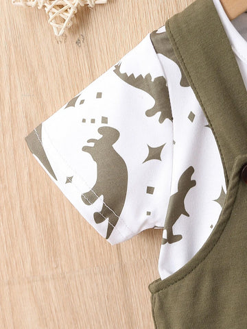 Baby Dinosaur Print Tee & Patched Pocket Overall Romper