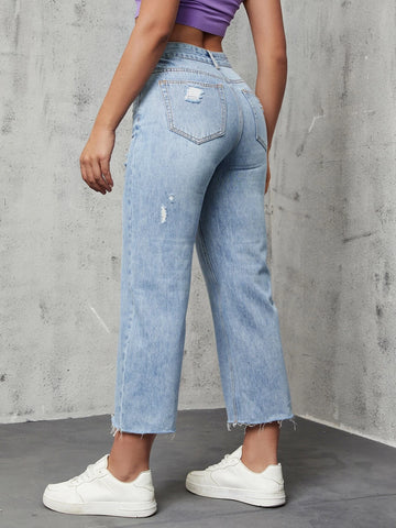 High Waist Ripped Straight Leg Jeans