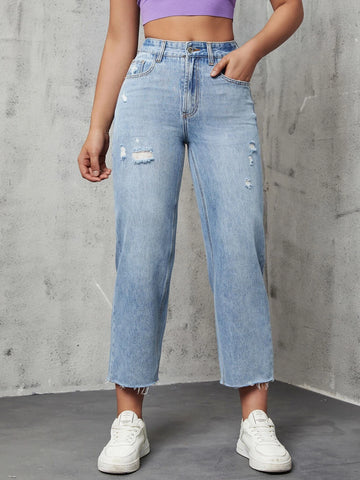 High Waist Ripped Straight Leg Jeans