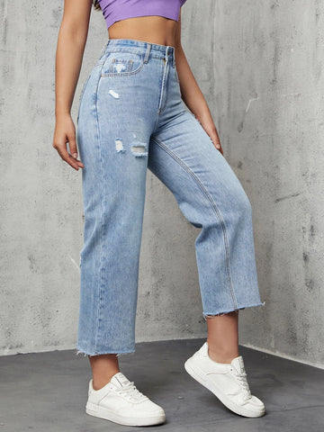 High Waist Ripped Straight Leg Jeans