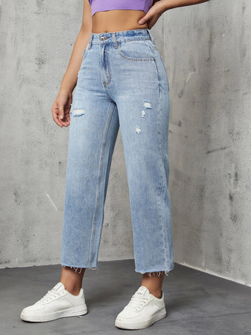 High Waist Ripped Straight Leg Jeans