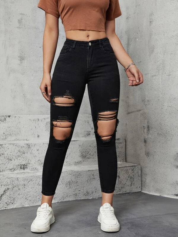 Cut Out Ripped Skinny Cropped Jeans