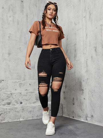 Cut Out Ripped Skinny Cropped Jeans