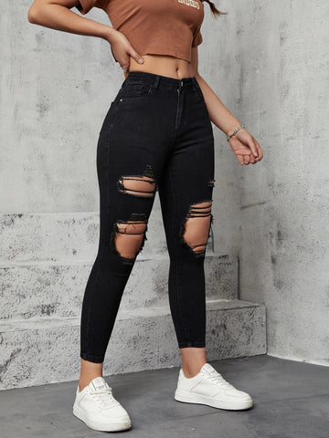 Cut Out Ripped Skinny Cropped Jeans