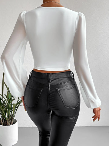 Contrast Lace Lantern Sleeve Crop Top