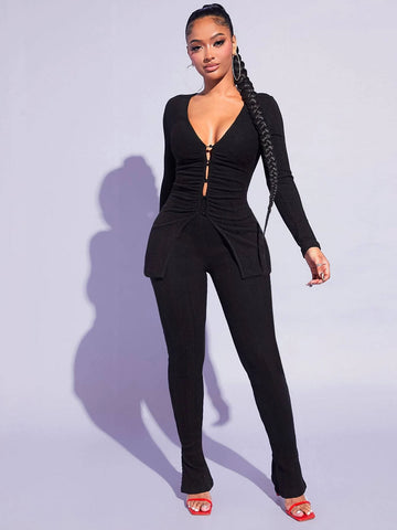 Plunging Neck Ruched Front Top & Split Hem Pants