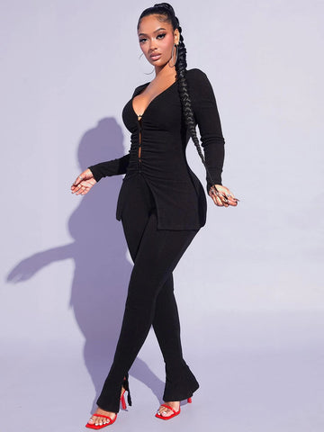 Plunging Neck Ruched Front Top & Split Hem Pants