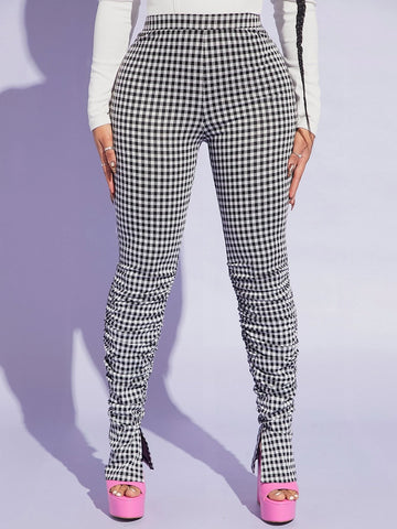 SXY Gingham Print Ruched Split Hem Stacked Pants