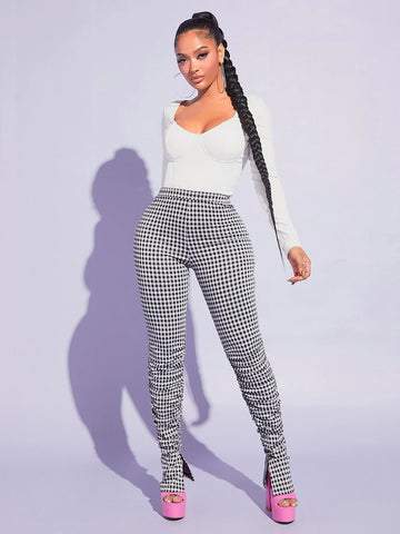 SXY Gingham Print Ruched Split Hem Stacked Pants